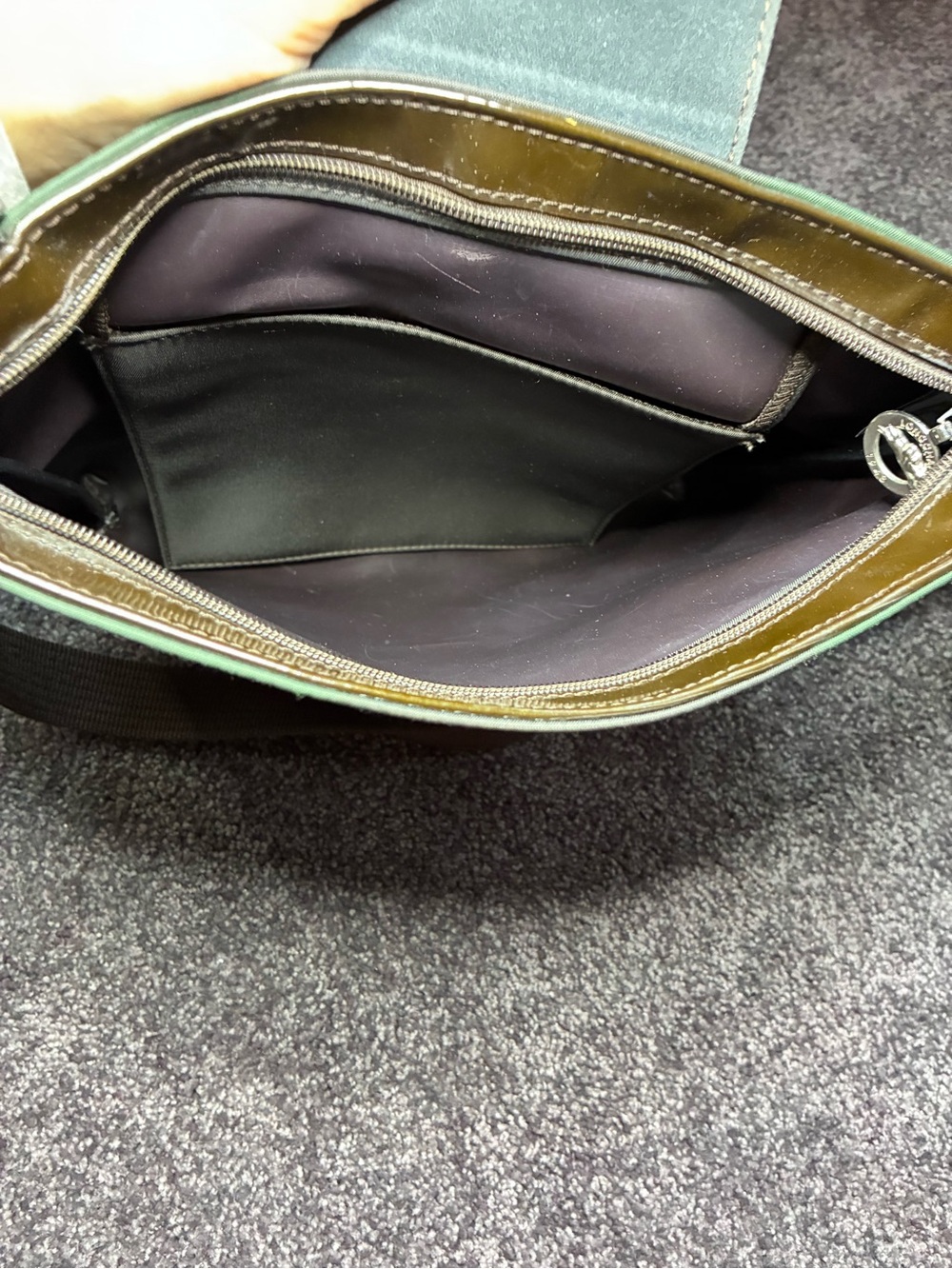 Longchamp Forest Green & Brown Crossbody Bag Purple Interior Magnet Snap Closure - Picture 6 of 7